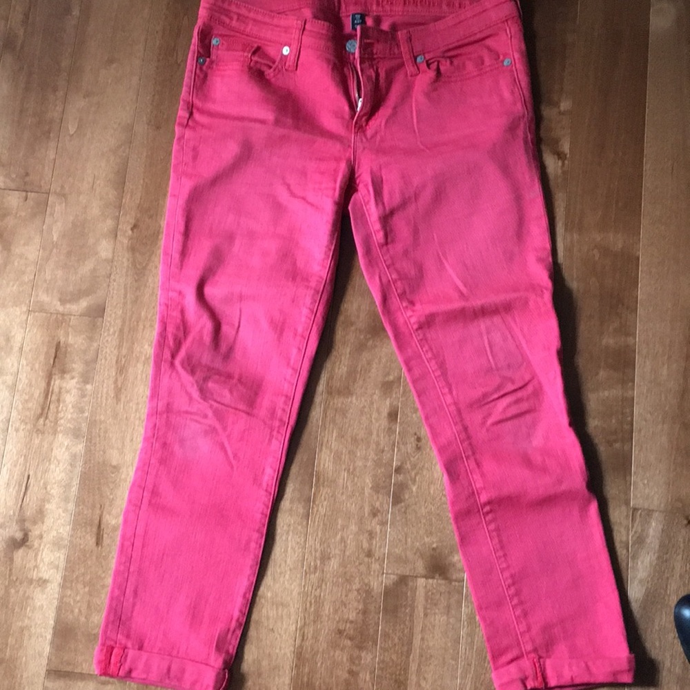 Red skinny crop jeans
